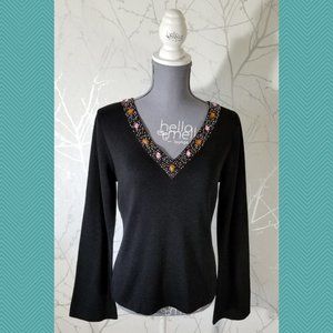 Biline Black Silk Knit Embellished V-Neck Sweater